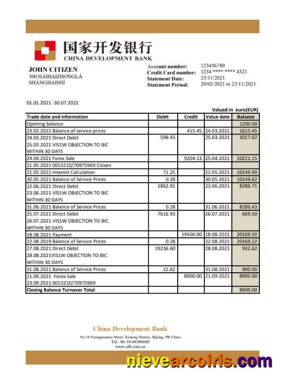 China Development Bank statement in .xls and .pdf file format